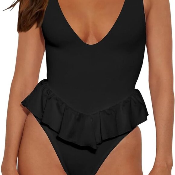 Cheeky One Piece Swimsuit Deep V Neck Tummy Control High Cut Bathing Suit, NEW - Picture 1 of 4